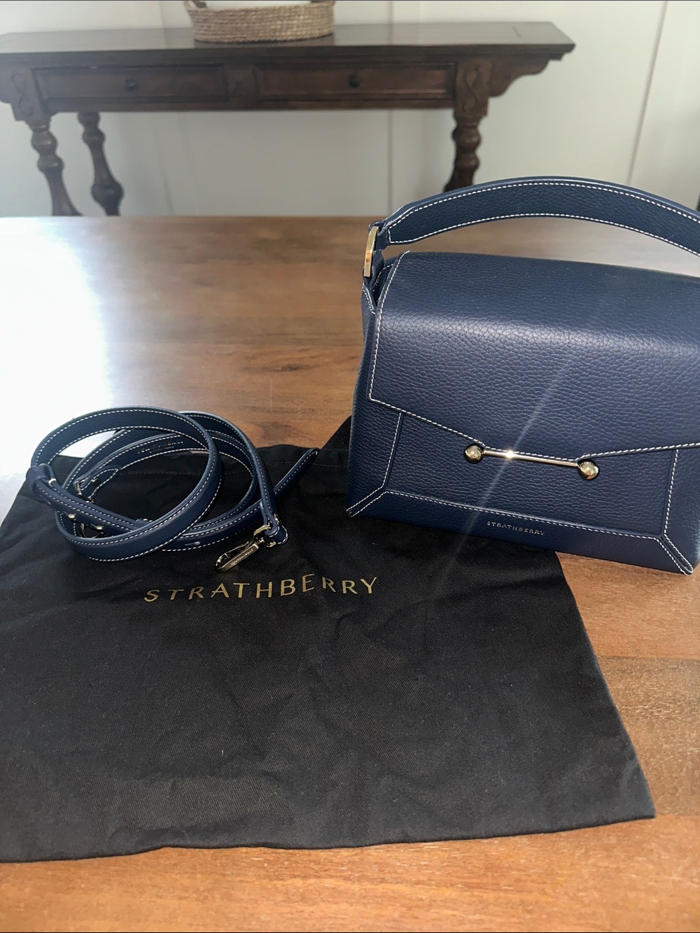 Strathberry Navy Mosaic Leather Top-Handle Crossbody
